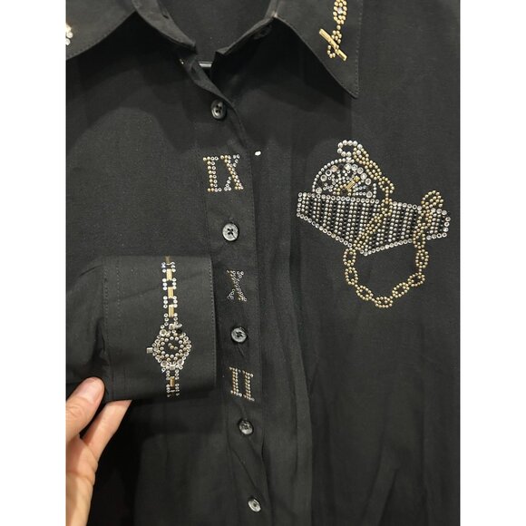Vintage Christine Alexander Small Black Button-Up Shirt Watch Chain Embroidered - Picture 4 of 10